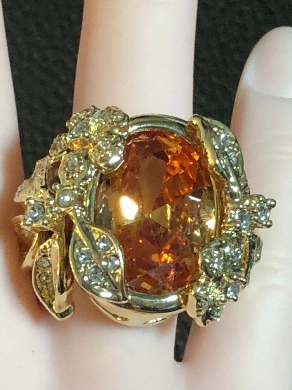 Gold Champagne CZ Floral Statement Ring Designer Camille Lucie France Sz 6